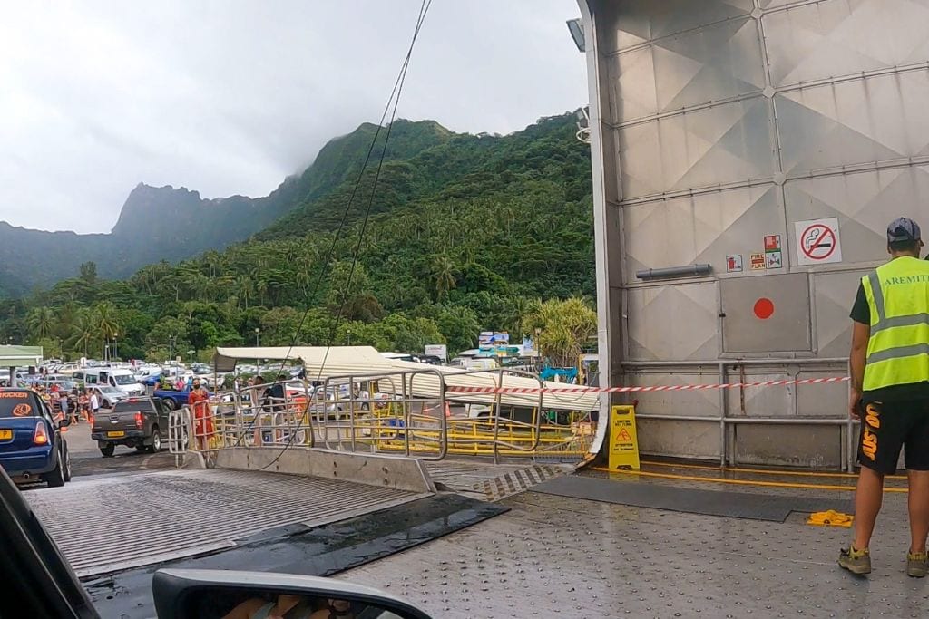 A picture of the loading dock where all the cars that have been transported to Moorea exit the ferry.  