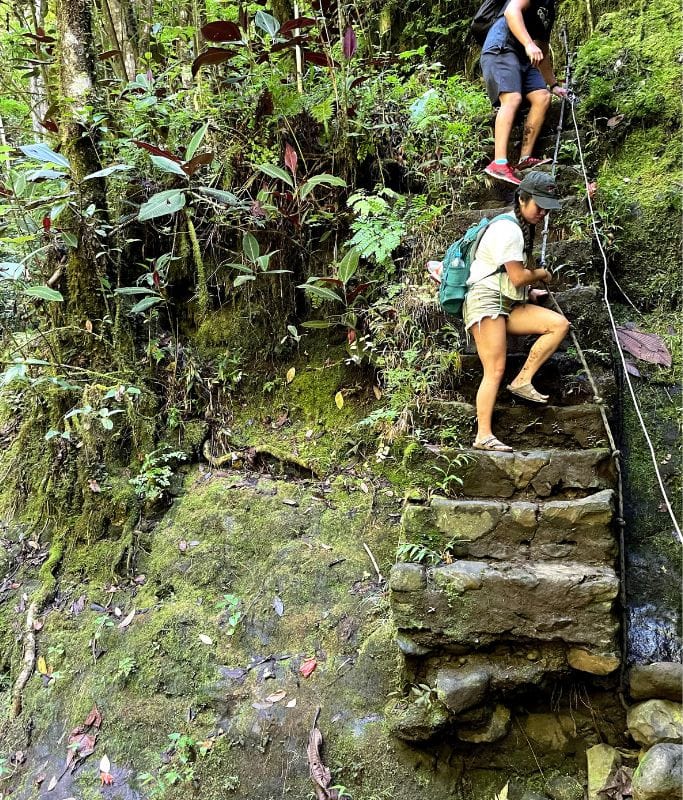 A picture of the memorable rock staircase in Fautaua Valley that you will have to ascend to reach the base of Fautaua Waterfall.