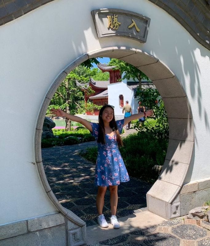 A picture of Kristin at the Chinese Garden in Montreal's Botanical Gardens.
