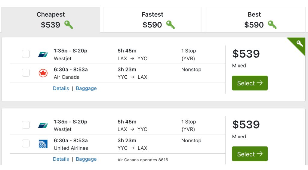 A picture of sample flight options on StudentUniverse's website. One feature that influenced my positive review is that the price you see is what you can expect to pay at the end.