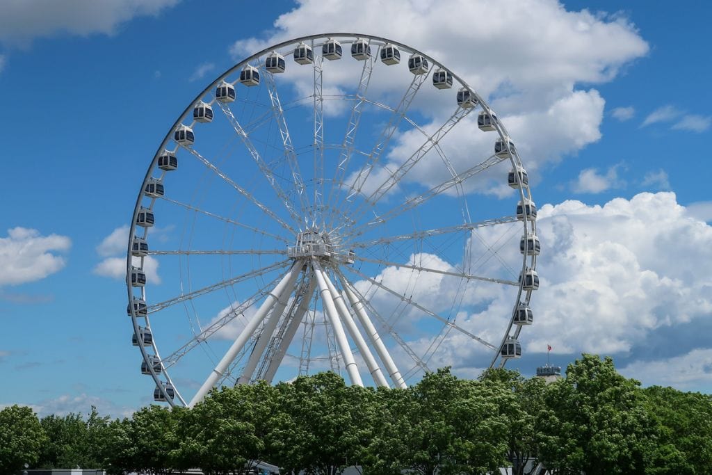 A picture of the giant ferris wheel in Montreal, Canada's Old Port. Definitely ride of the ferris wheel if you want to see a bird's eye view of the city and across St. Lawrence River. 