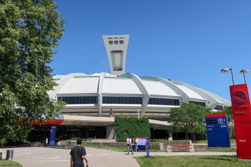 A picture of the Olympic Stadium and its tower from when Montreal hosted the Olympic Games.