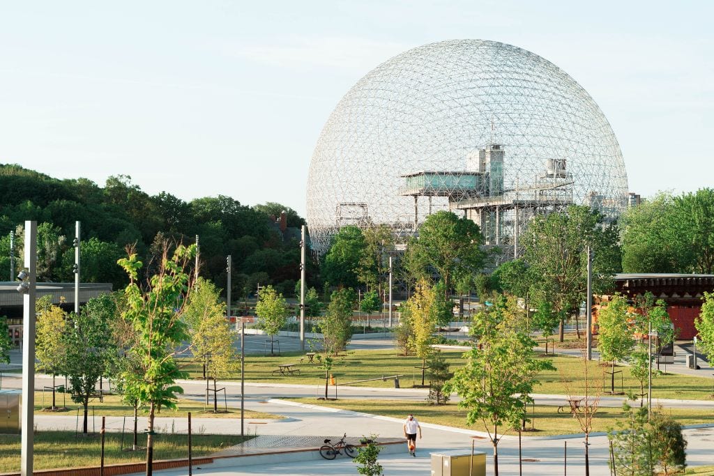 A picture of Parc Jean Drapeau with the famous Biosphere in the background.