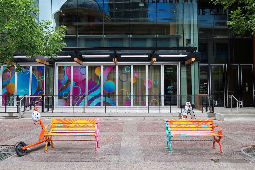 A picture of two colorful benches that can be seen on Stephen Avenue Walk.