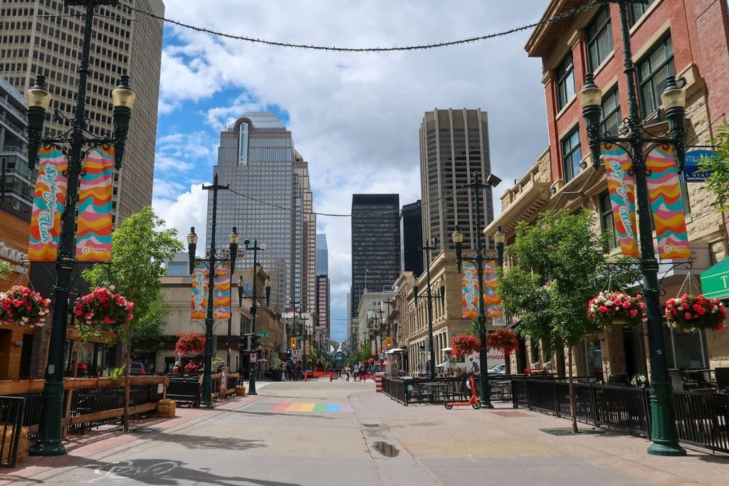A picture of Stephen Avenue Walk in downtown Calgary. This area is filled with small boutiques and is a great place to stroll down.