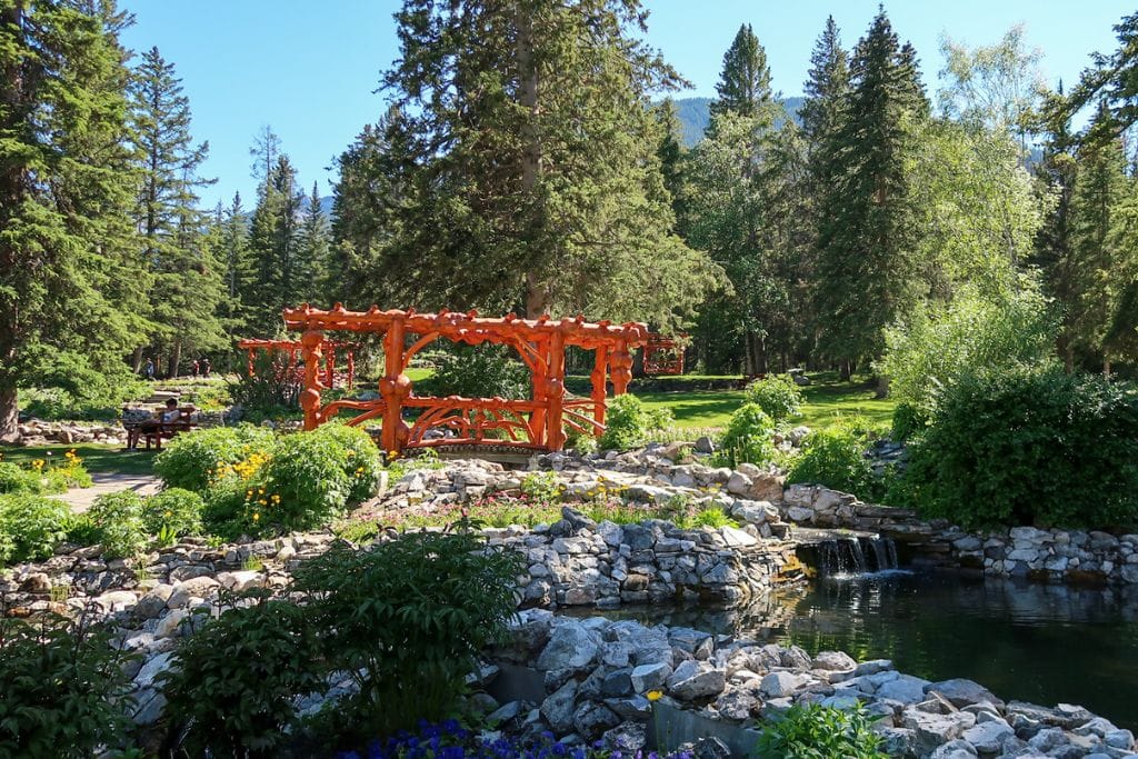 A picture of the Cascade of Time Garden that is on the property of the Banff National Park Administration Building. There are several benches in the shade that are great for resting your feet and taking a break if you get tired while completing my 4-Day Banff Itinerary.