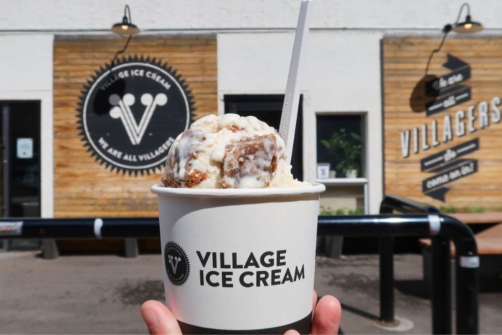 A picture of ice cream from Village Ice Cream. Stopping here is a great way to keep you energized as you walk around Calgary.