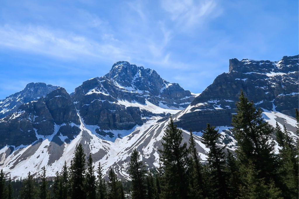 A picture of Crowfoot Glacier, as seen from the viewpoint along Icefields Parkway. This is the 11th stop on the travel guide to Banff.