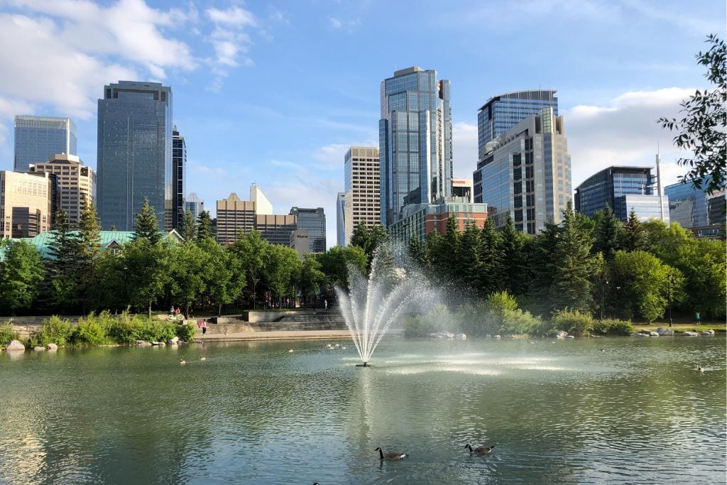 A picture of downtown Calgary from Prince's Island Park.