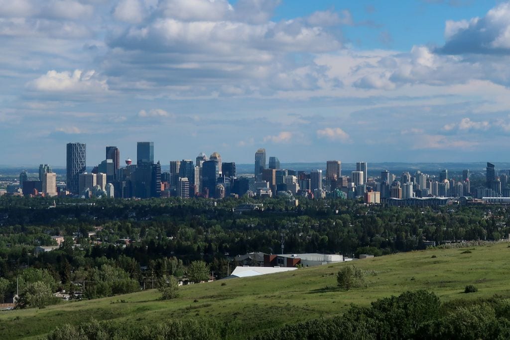 A picture of downtown Calgary and its imposing skyline from the top of Nose Hill Park.