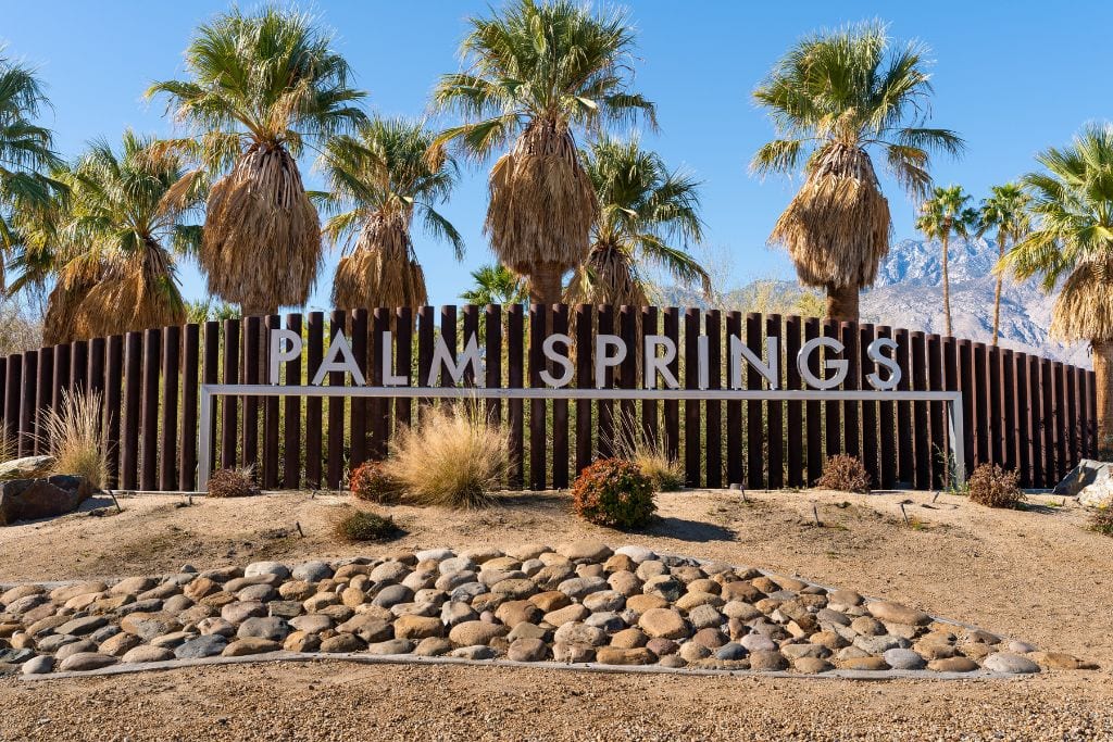 A picture of the Palm Springs sign with lots of palm trees in the background.