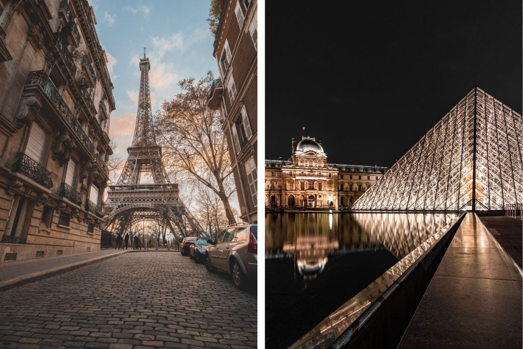 A picture of the Louvre and Eiffel Tower.