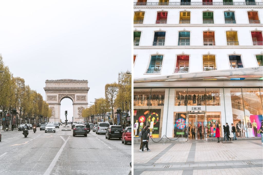 A picture of Dior fashion house and the Arc de Triomphe, both of which can be seen from the iconic Champs Elysées avenue. If you're a shopaholic, coming here is a must visit and will make your trip in Paris worth it.