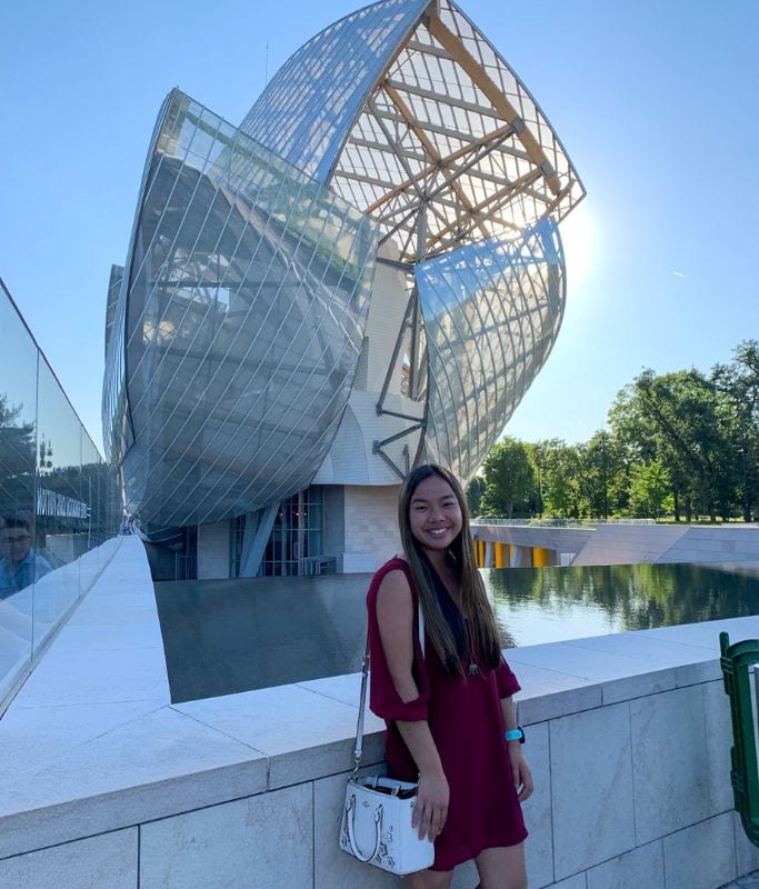 A picture of Kristin outside the Louis Vuitton Foundation Concert Hall. While Paris is known for it's gothic and older architecture, it's worth admiring the more modern and contemporary styles as well!