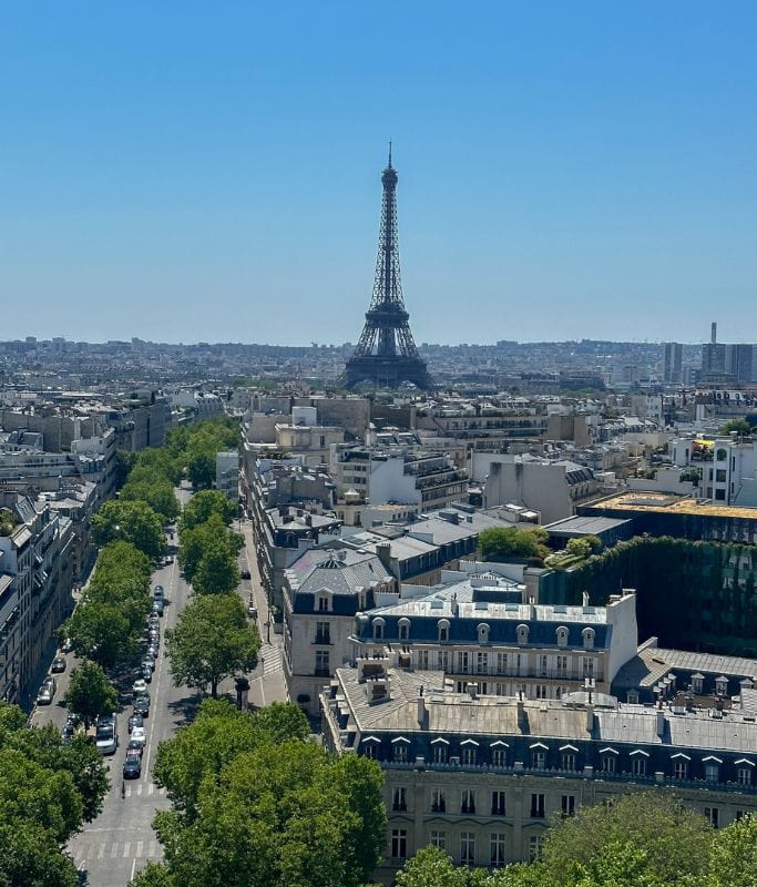 A picture of the Eiffel Tower as seen from the top of the Arc de Triomphe.