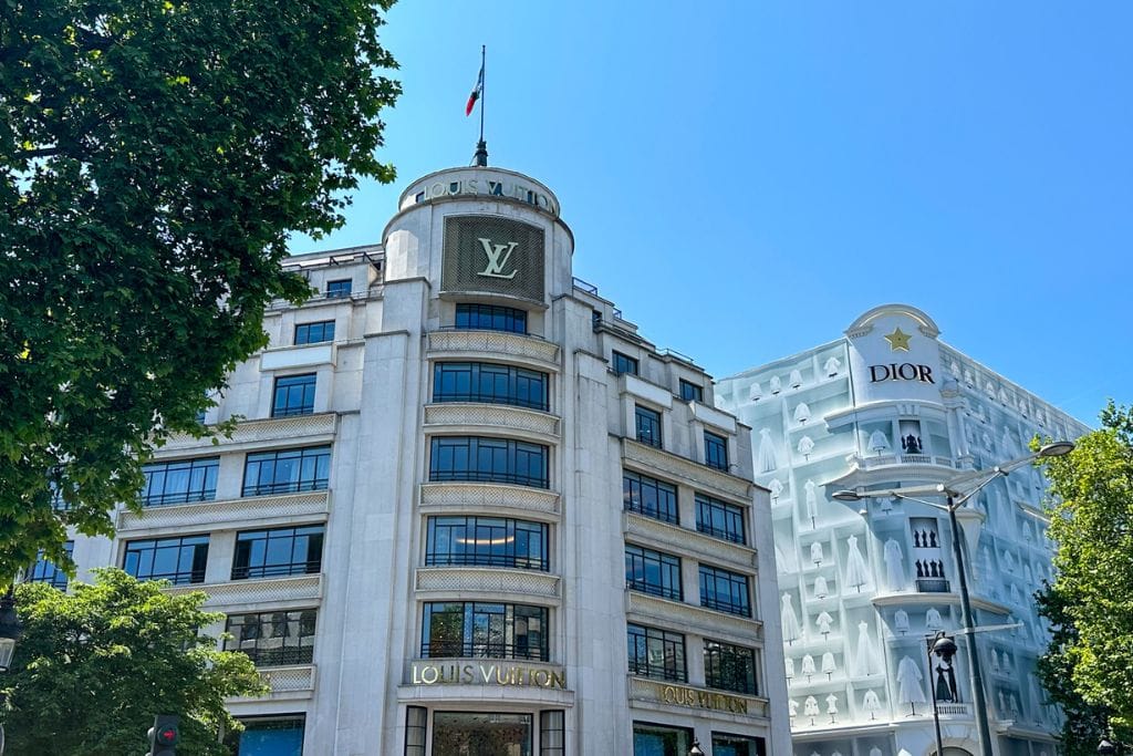 A picture of the Louis Vuitton flagship store in Paris on Champs Elysées. It's worth buying your luxury goods in Paris instead of the US to save money on taxes!