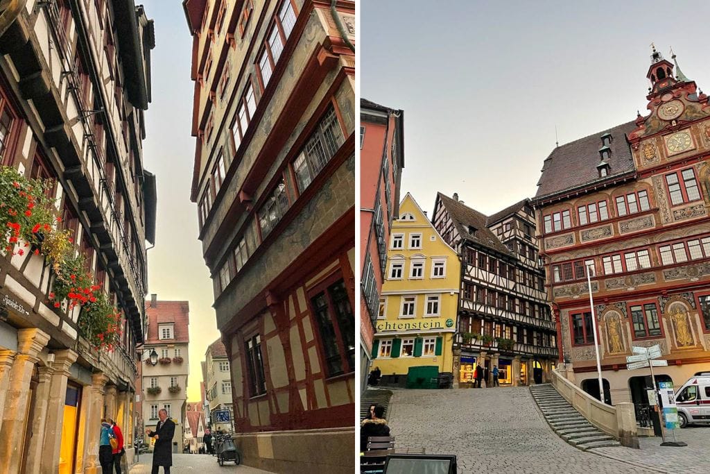 Two pictures. The left picture is of one of the streets near Marktplatz. The right picture is of Marktplatz when it's more empty.