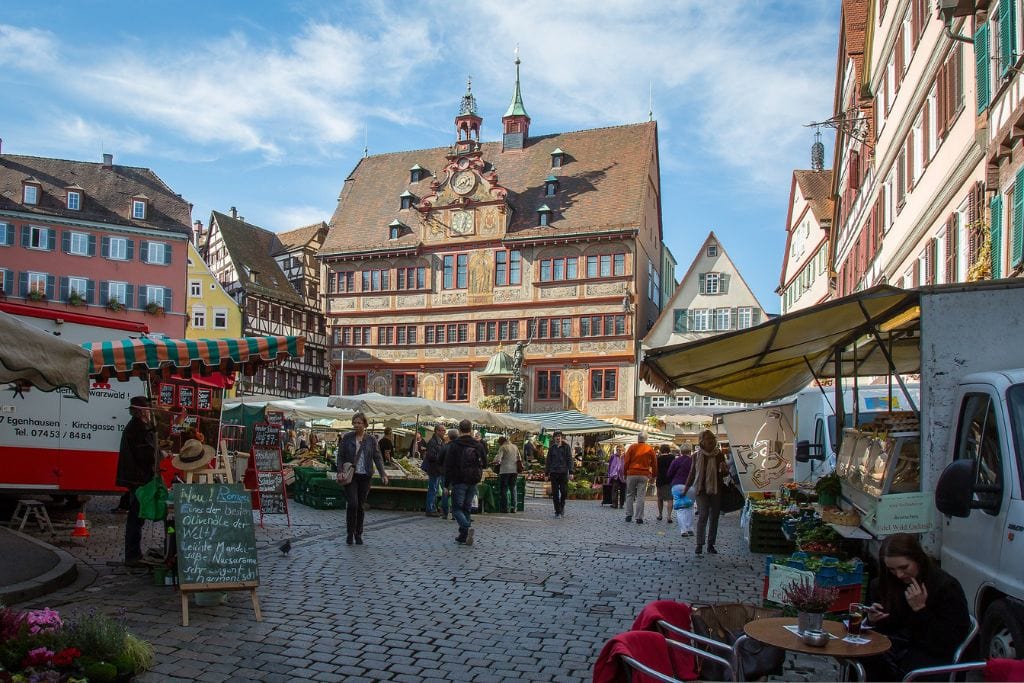 A picture of the Tubingen's Marktplatz while the morning market is going on. Seeing all the half-timbered houses and browsing the local stalls is something you will definitely want to do while in the city.