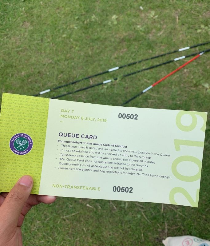 A picture of the queue card that I received for Monday's play at Wimbledon.