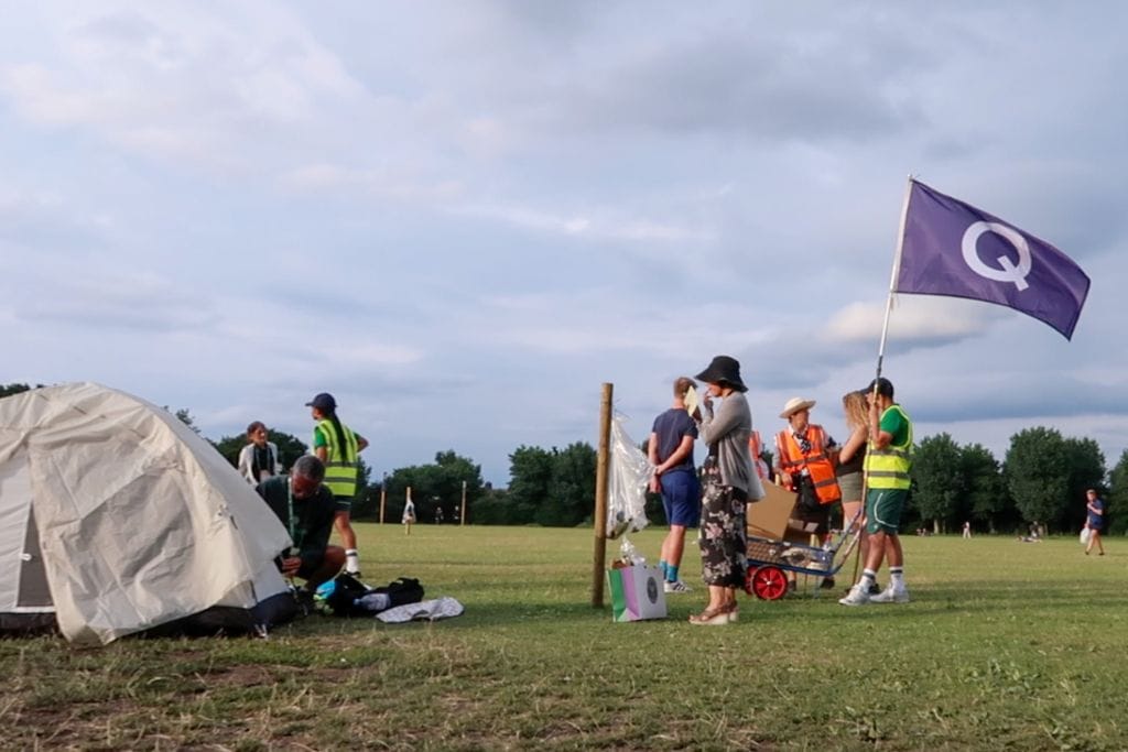 A picture of the giant purple queue flag for people who planned on camping overnight for Wimbledon.