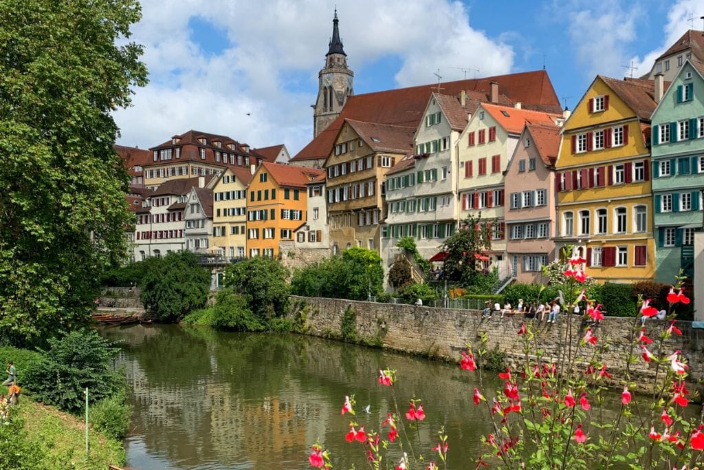 A picture of the colorful buildings that can be seen lining the Necker River that flows through Tubingen.