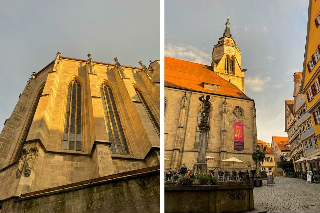 Two pictures. The left picture is of the exterior of St. George's Collegiate Church in Tubingen. The right picture shows the area surrounding St. George's church.