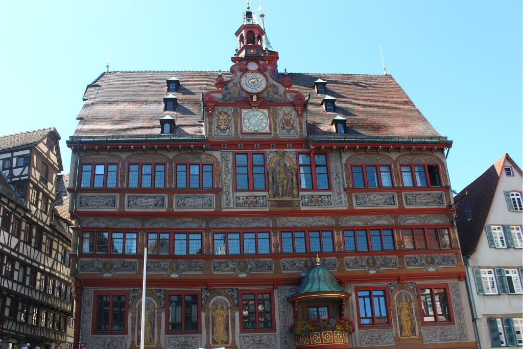 A picture of Tubingen's Rathaus, or city hall. Admiring the gorgeous and intricate architecture of this building is something you won't want to miss while wandering through Marktplatz.