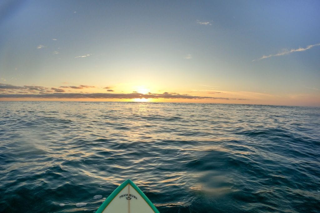 A picture of the blue-yellow sunset while surfing on the water in San Diego