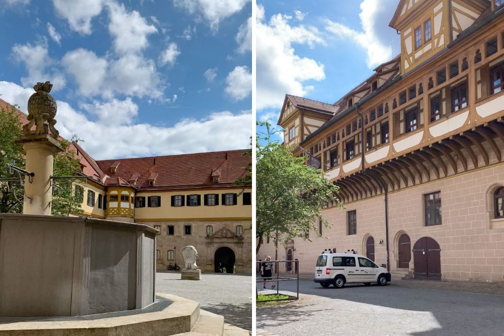 Two pictures. Both pictures display different views of the courtyard at the Hohentübingen Castle.