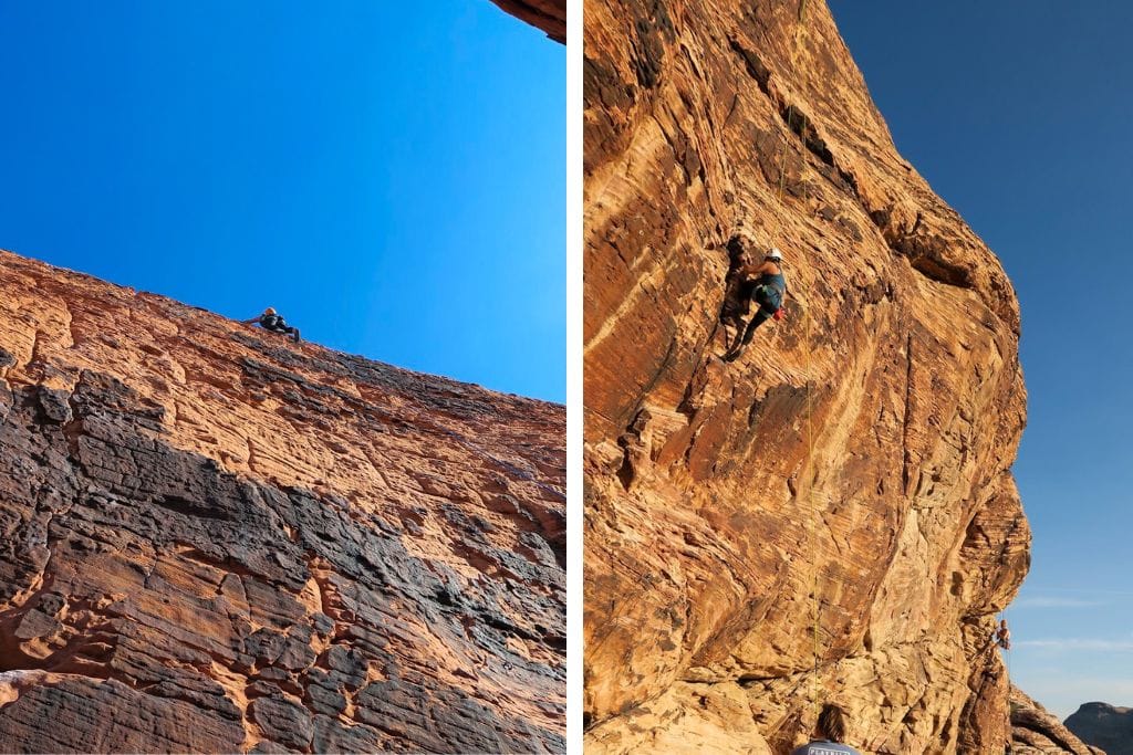 Two pictures. Both pictures are of Kristin sport climbing. The left picture is when Kristin reached the top of one route, and the right picture is Kristin mid climbing on another route.