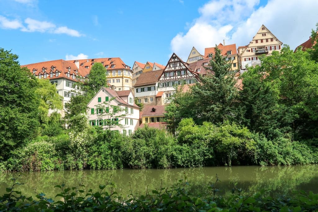A picture of the university buildings taken while strolling down Neckarinsel. Walking around this artificial island in the center of Tubingen is great way to slow down and simply take in the views of Tubingen.