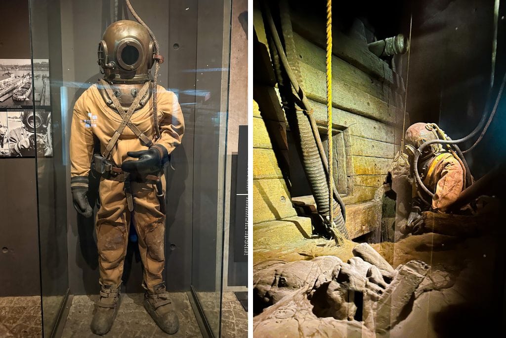 Two pictures. The left picture is the diving suit that was used by divers to prepare the Vasa for extraction. The right picture is a sample view of what this preparation looked like. 