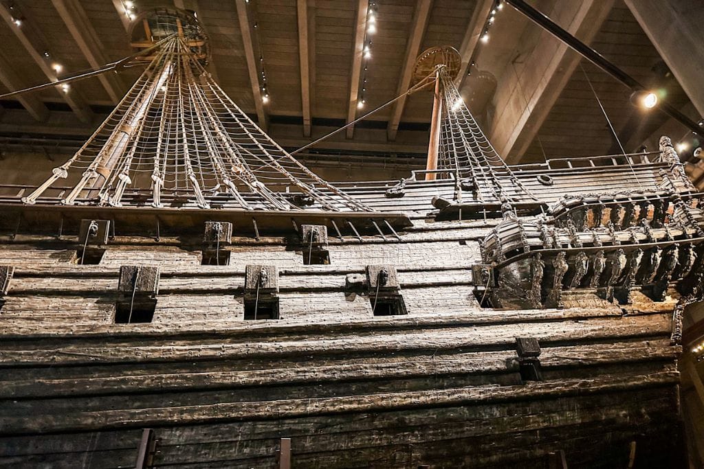 A picture taken from one of the lower floors that allows you to see all the sculptures on the back of the ship as well as view the lions heads that adorn each open gun port. Once again, the Vasa museum in Stockholm, Sweden is worth visiting to see all the powerful imagery on the ship. 