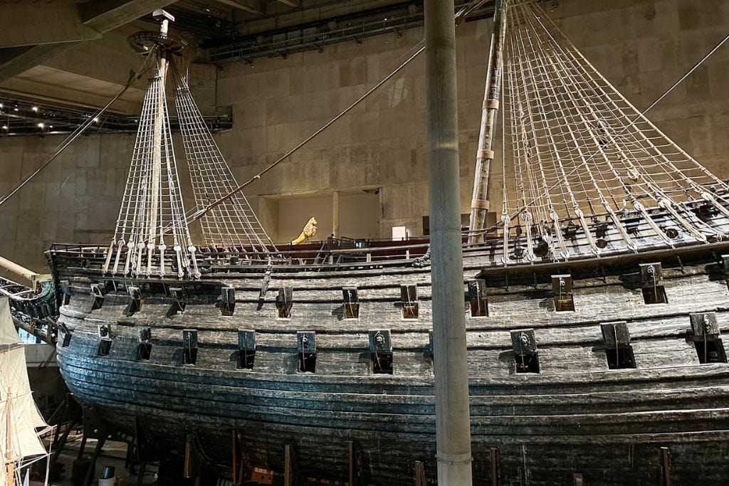 A picture of the ship from the 5th floor. You can see all the gun ports are open. Viewing the Vasa from its many vantage points on each of the floors is on the reasons the Vasa museum is worth visiting here in Stockholm, Sweden. 