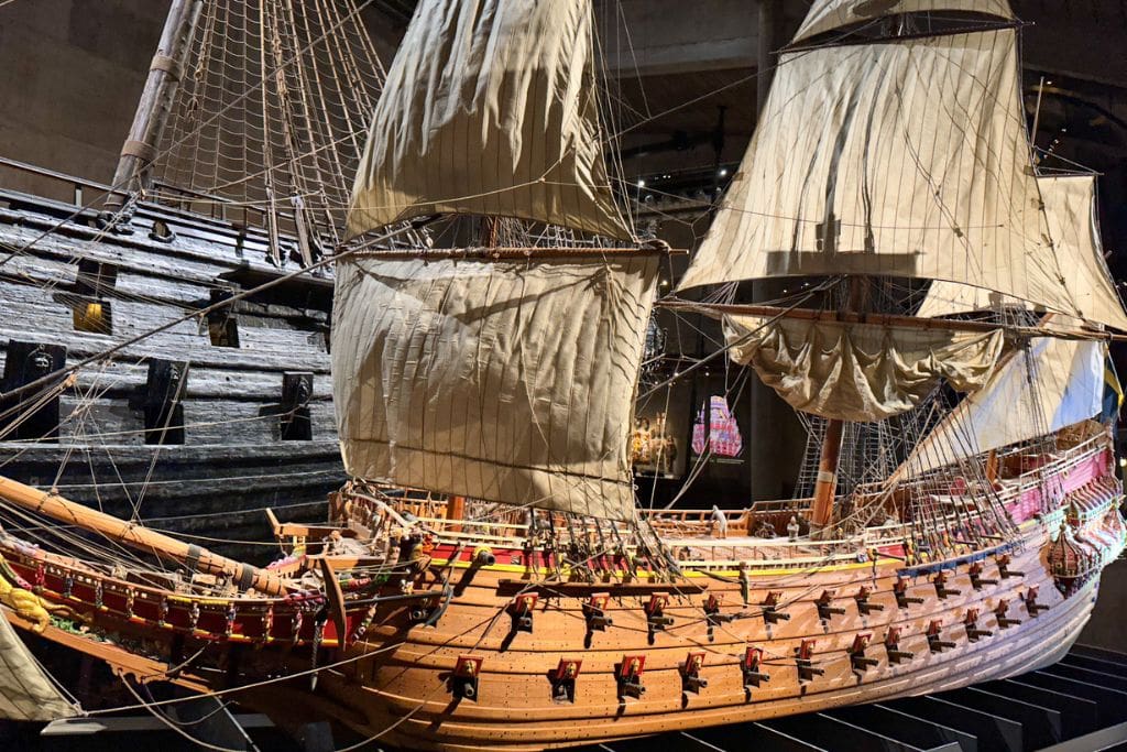 A picture of a much smaller scaled model of the Vasa. You can see the colors that the original ship had as well as what it might have looked like with its 10 sails attached. 