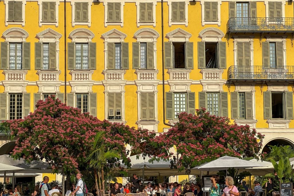 A picture of Place Gardbaldi's bright yellow architecture.