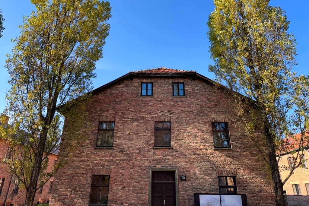 A picture of block 15 in Auschwitz I camp. During your day trip to Auschwitz from Krakow, you'll can see all the brick blocks that make up the camp. 