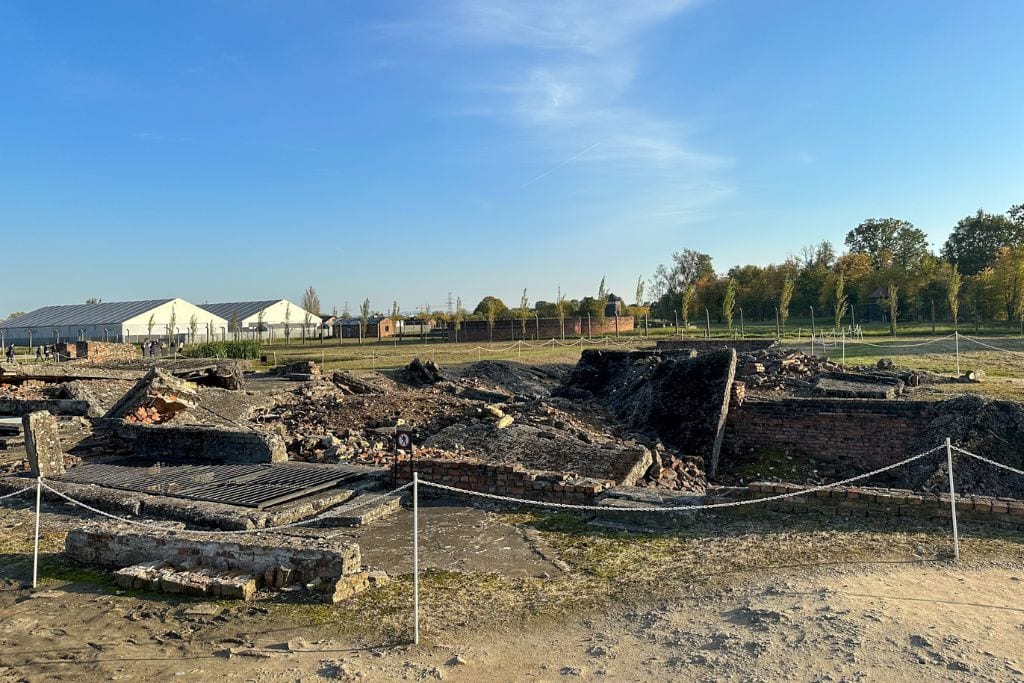 A picture of the destroyed crematorium that was utilized at Auschwitz II camp. If you day trip to Auschwitz from Krakow, you'll get to see parts of the original gas chambers. 