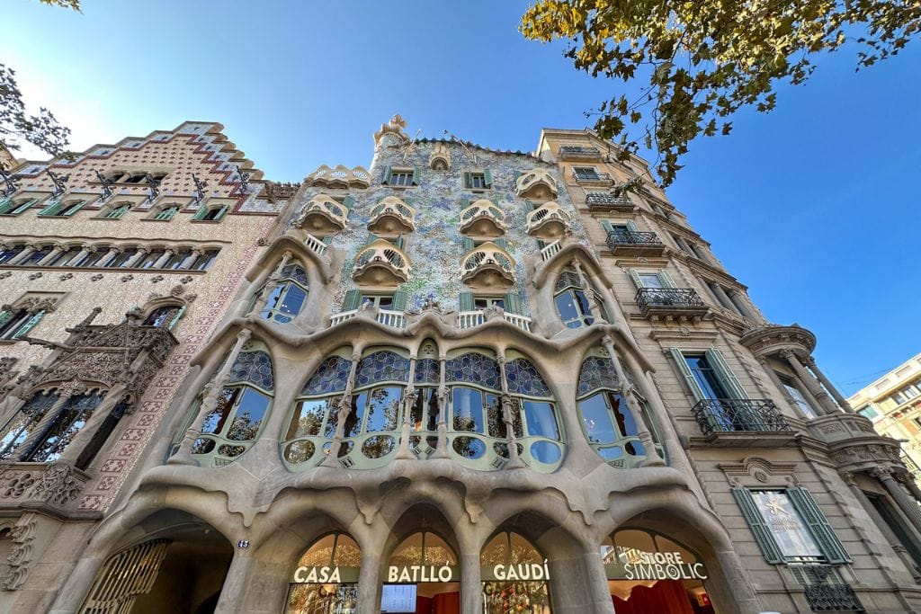A picture of the front exterior façade of Casa Batlló. If you're on a tight budget, Casa Batlló is worth visiting just to see the exterior, but likely not to go inside.