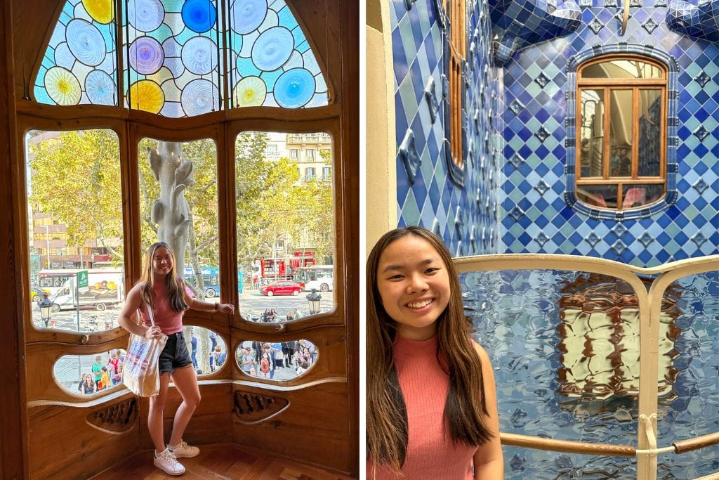 Two pictures of Kristin smiling while in Casa Batlló. The left picture is in front of the giant windows that overlook Passeig de Gràcia and the right photo is next to the lightwell. 