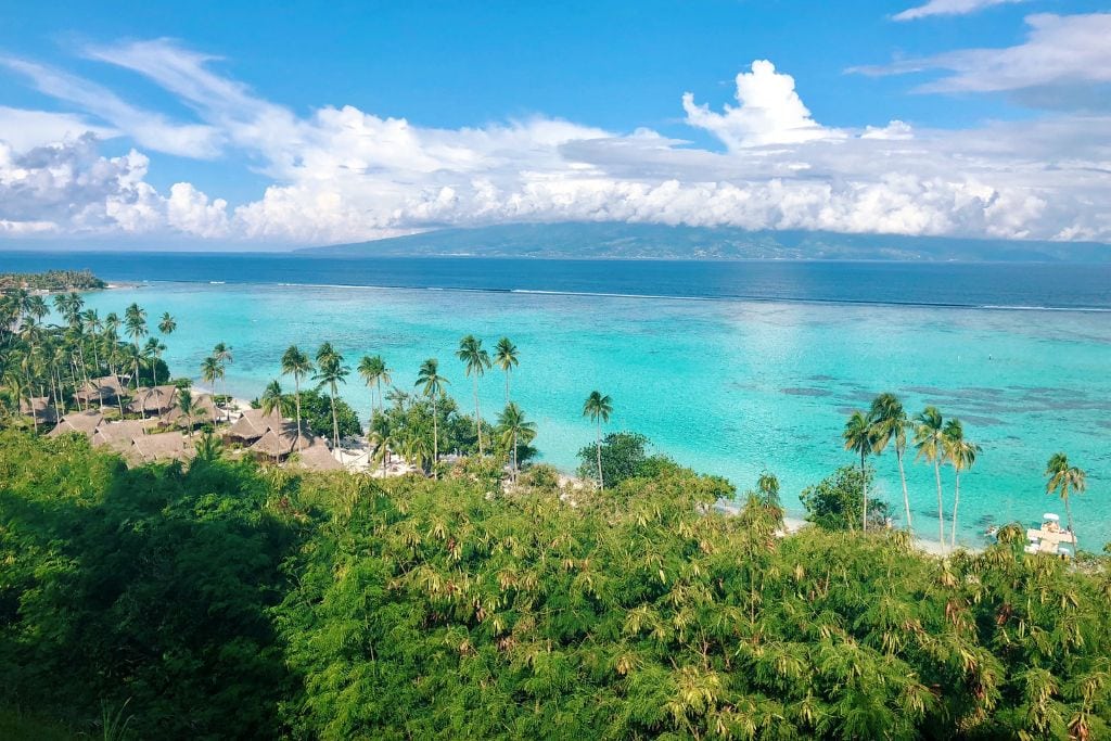 A picture of the coastline that can be seen from a lookout point in Moorea!