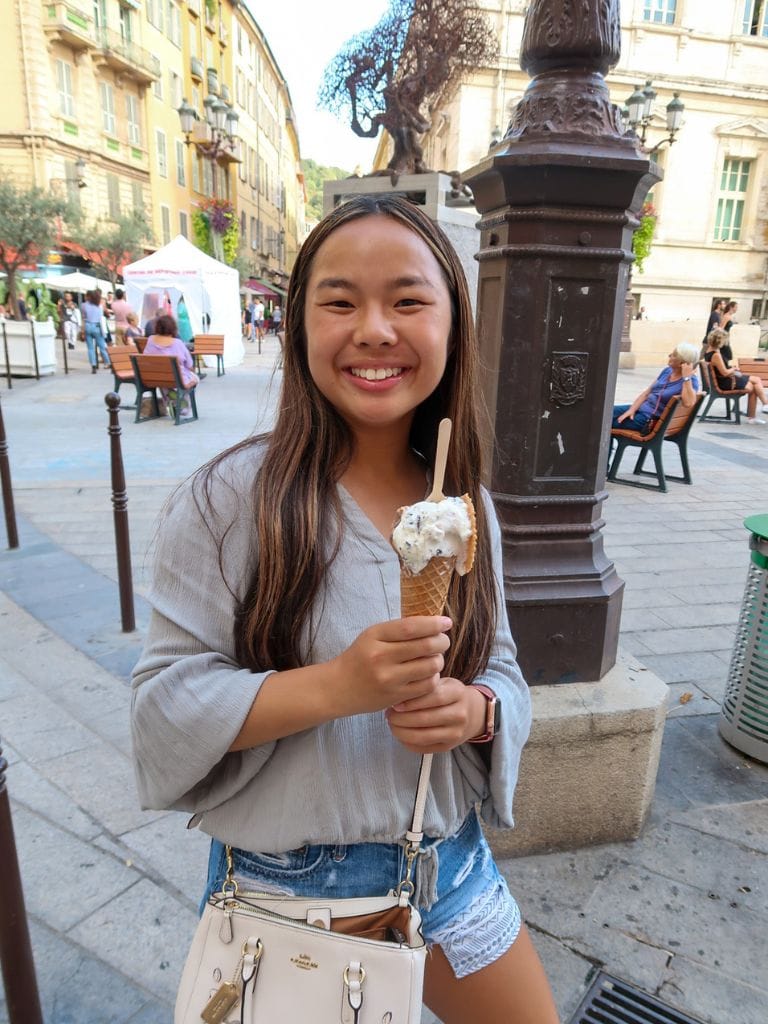 A picture of Kristin with artisanal ice cream from Nice's Old Town.