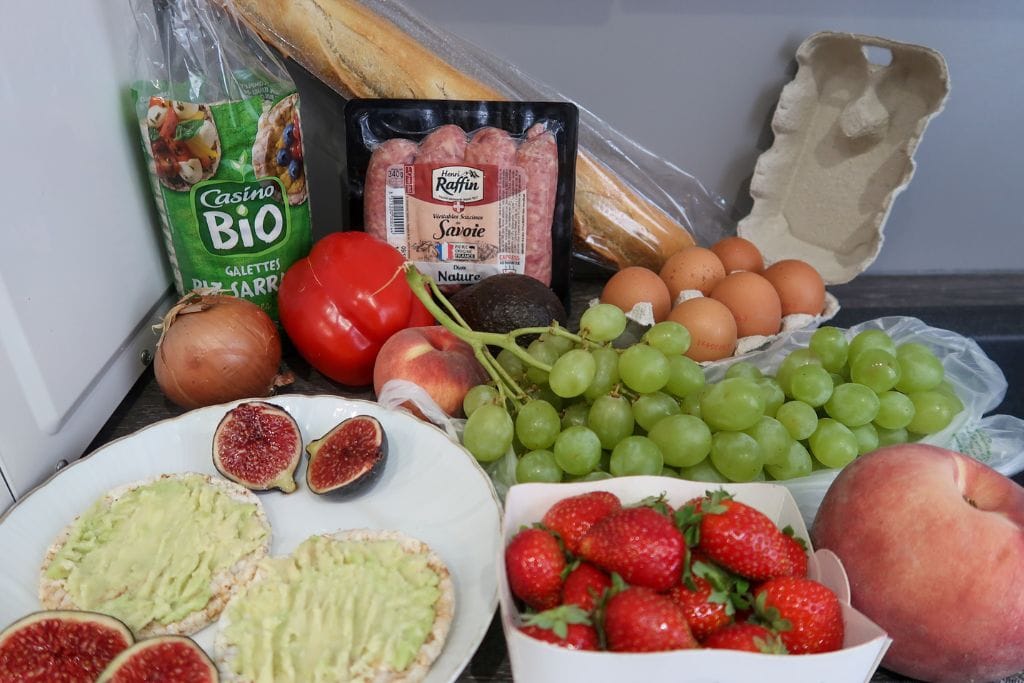 A picture of some of the food Kristin and her friends picked up at Liberation Market during their stay in Nice France.