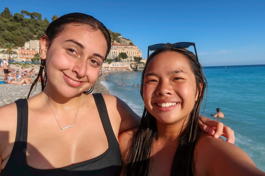 A picture of Kristin and her friend at Plage de Ponchettes. 