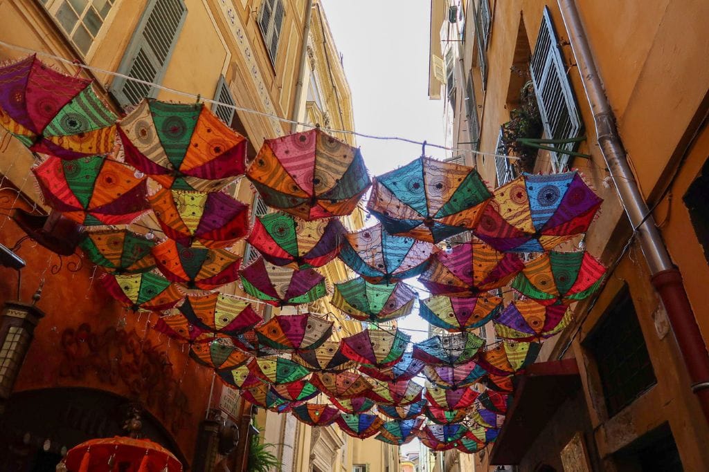 A picture of the multicolored umbrellas that can be found in Nice's Old Town. 