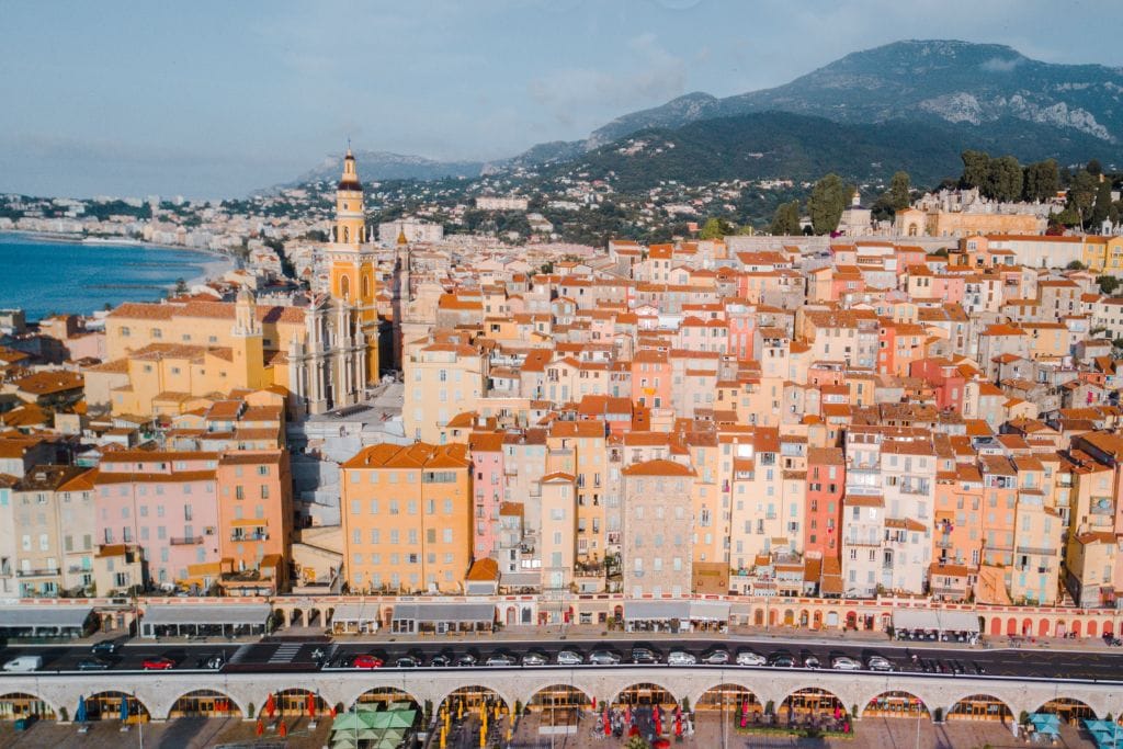 A picture of the colorful houses and buildings in Menton, France.