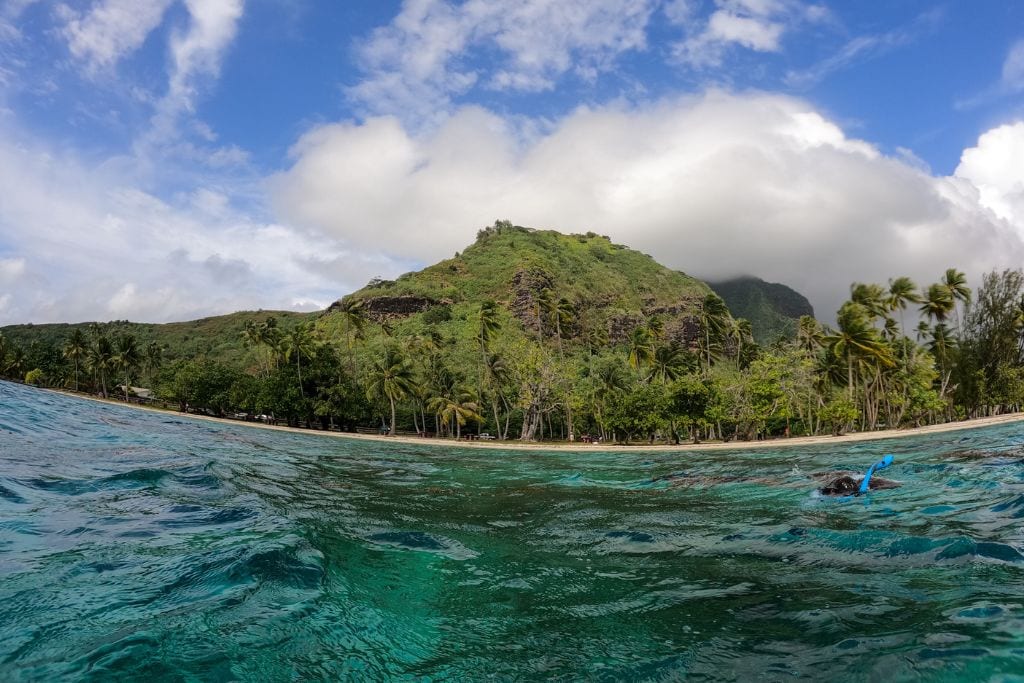 A picture of a lush mountainside and clear blue waters while snorkeling.