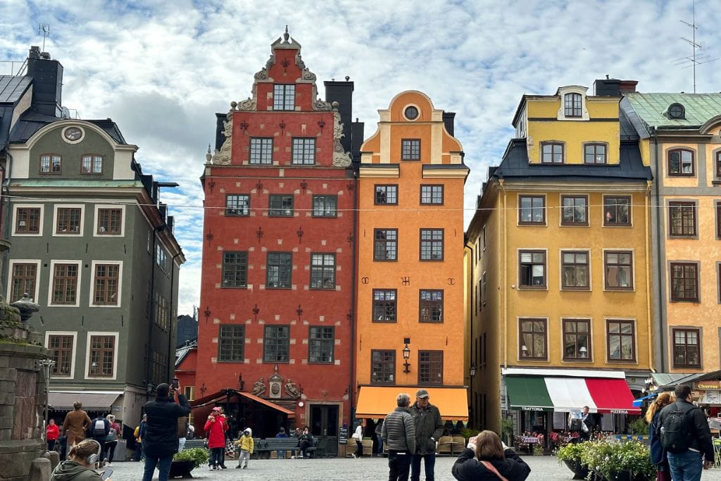 A picture of the colorful buildings in Stortget in Stockholm, Sweden.
