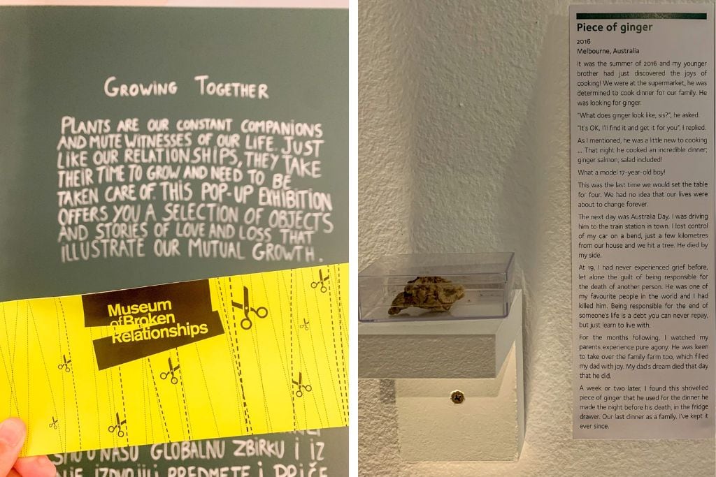 Two pictures. The left picture is my admissions ticket to the Museum of Broken Relationships, and the right picture is a piece of ginger and the story of that broken relationship.