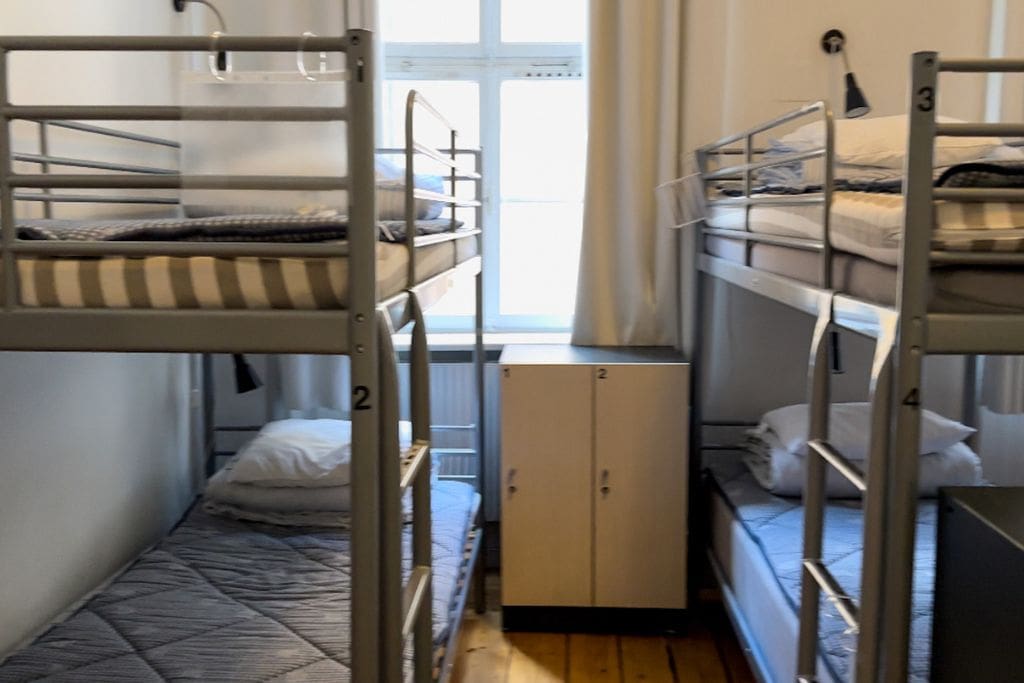 A picture of what some of the bunks look like in the shared dorms at Castanea Old Town Hostel Stockholm.